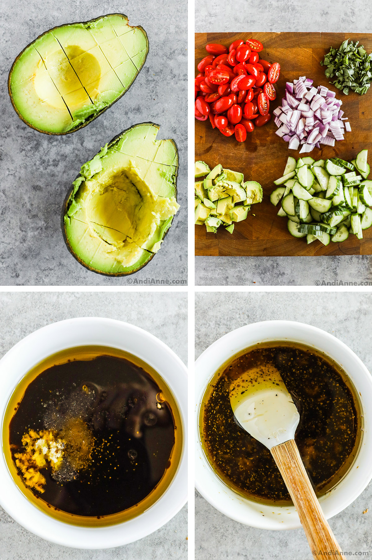 Four images including a sliced avocado, various chopped vegetables on a cutting board, and last two are bowls with dark brown salad dressing ingredients.