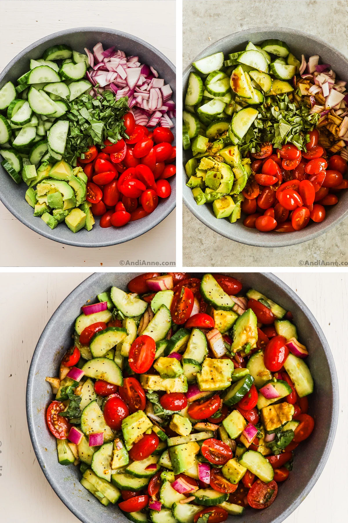 Three images of a salad bowl, first two are chopped cucumbers, onion, tomato, avocado and basil all separate. Second has salad dressing drizzled on top. Third is finished salad  in a grey bowl.