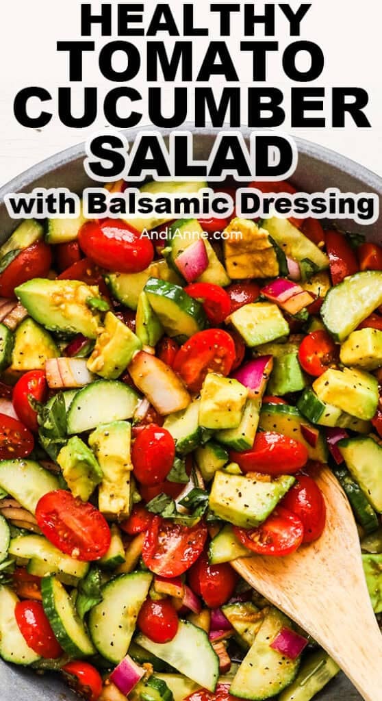 A bowl of healthy tomato cucumber salad with balsamic dressing
