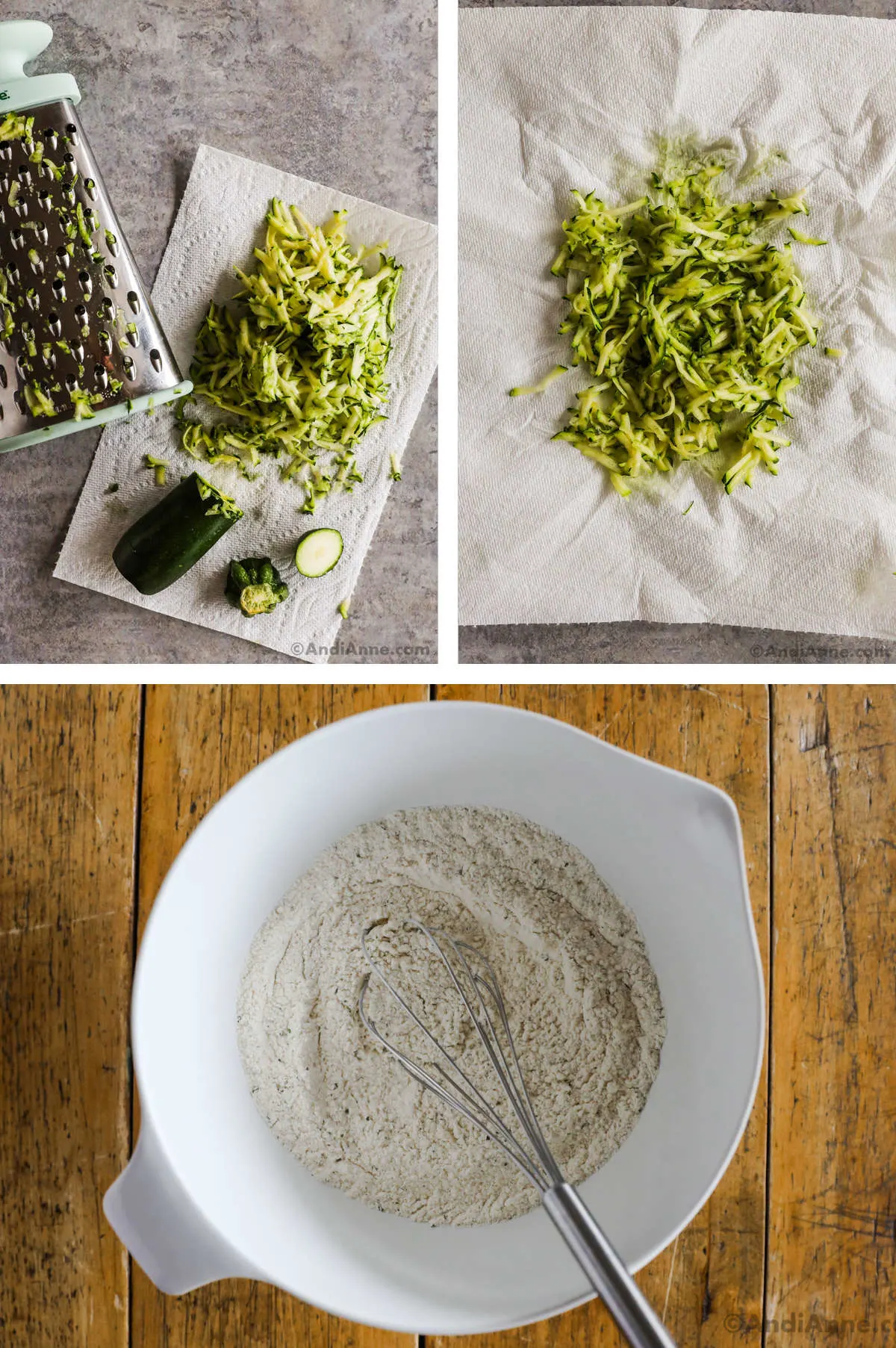 Three overhead images in one: 1. Half a zucchini on a paper towel beside a grater and pile of grated zucchini. 2. Grated zucchini drying on paper towel. 3. White bowl with dry ingredients and a whisk.