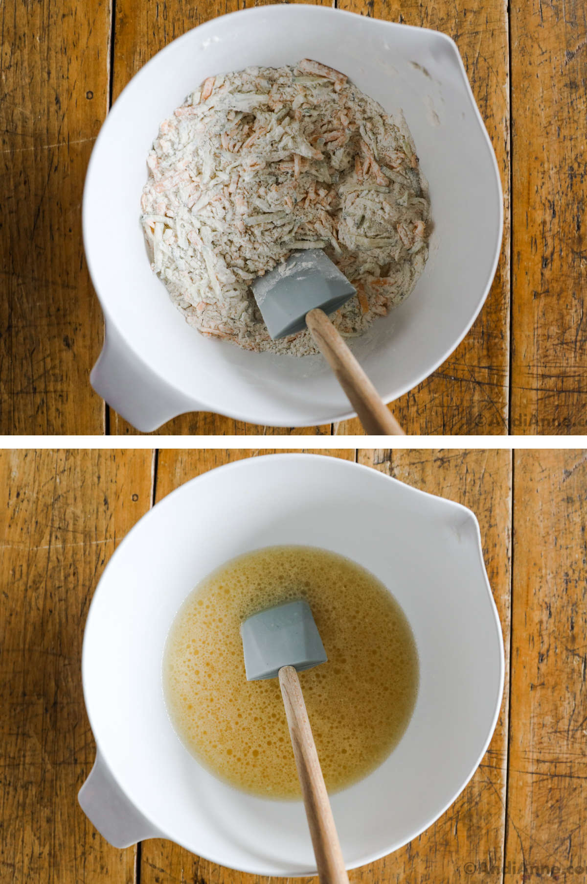 Two overhead images in one: 1. Dry ingredients with shredded cheese, grated zucchini and a spatula. 2. Separate white bowl with beaten egg, oil, honey and beer. 