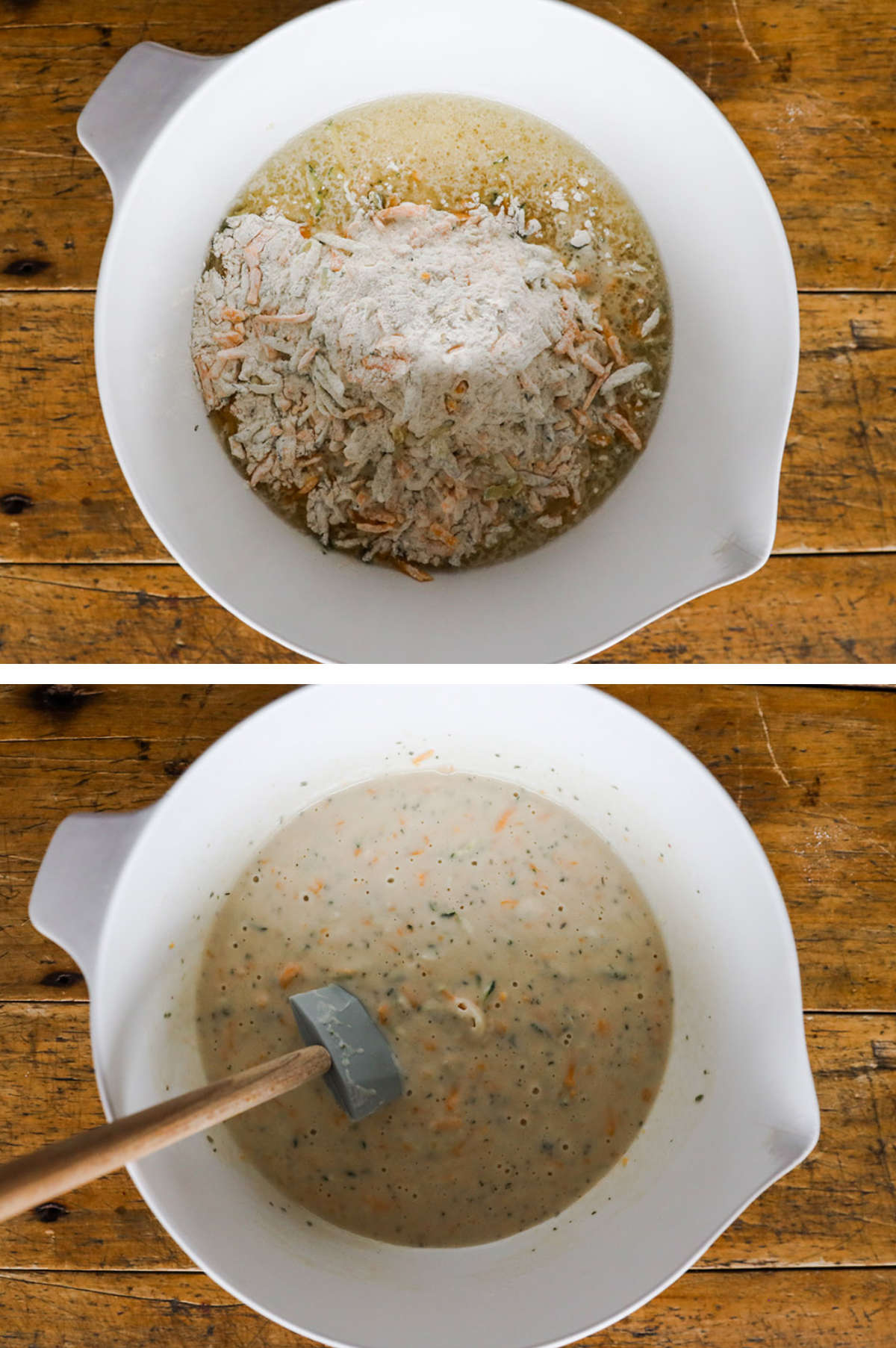 Two overhead images in one: 1. Dry ingredients sit on top of wet ingredients in a white bowl. 2. Wet and dry are mixed with spatula.