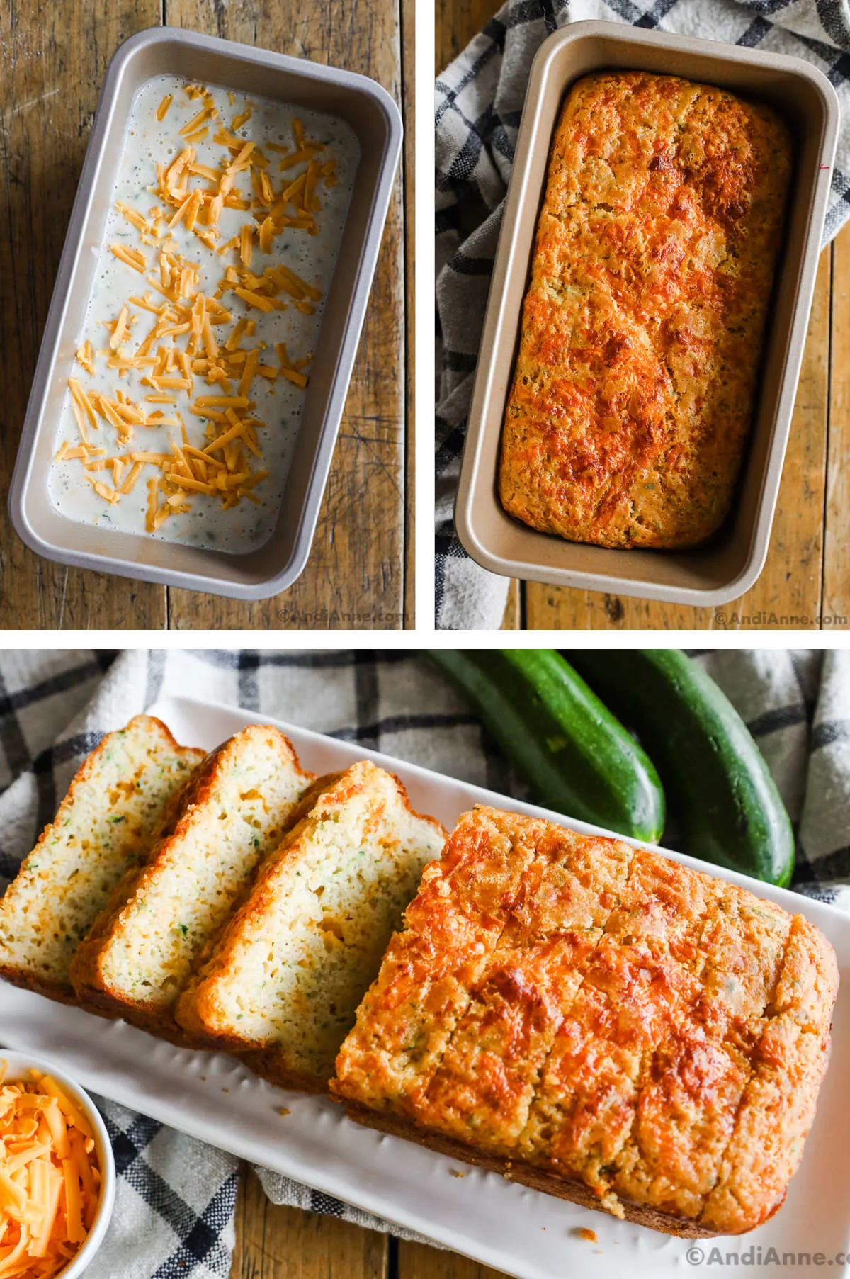 Three overhead images in one: 1. Mixed batter is in loaf pan with shredded cheese on top. 2. Cooked loaf is golden brown and orange inside loaf pan. 3. Sliced bread sits on white plate with zucchini and shredded cheese in background. 