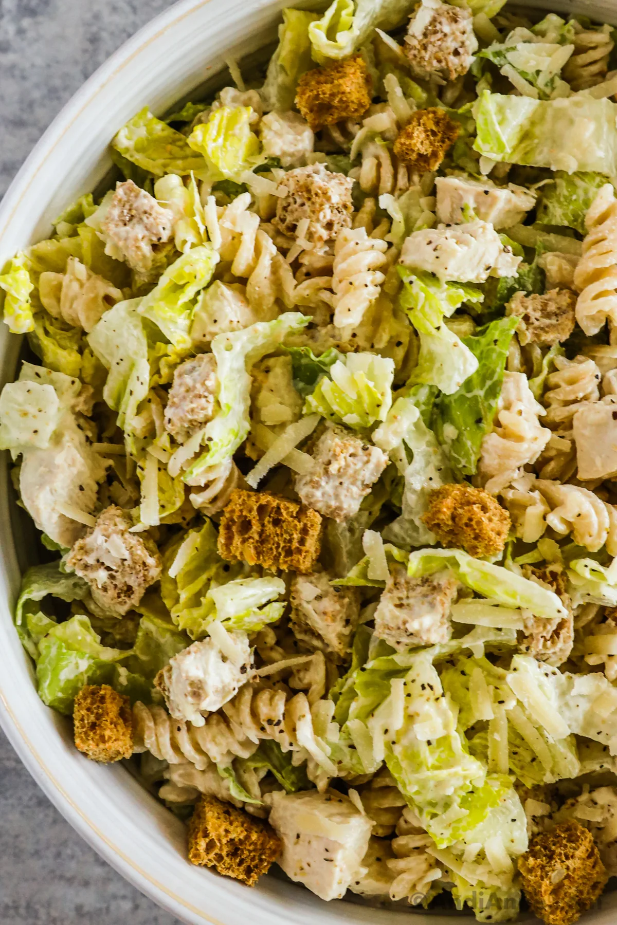 Close up of a bowl of creamy chicken pasta salad.