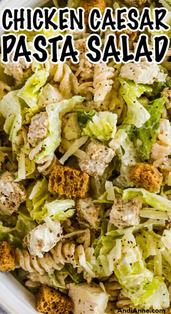 Close up of chicken caesar pasta salad recipe with croutons, lettuce, chicken and rotini pasta