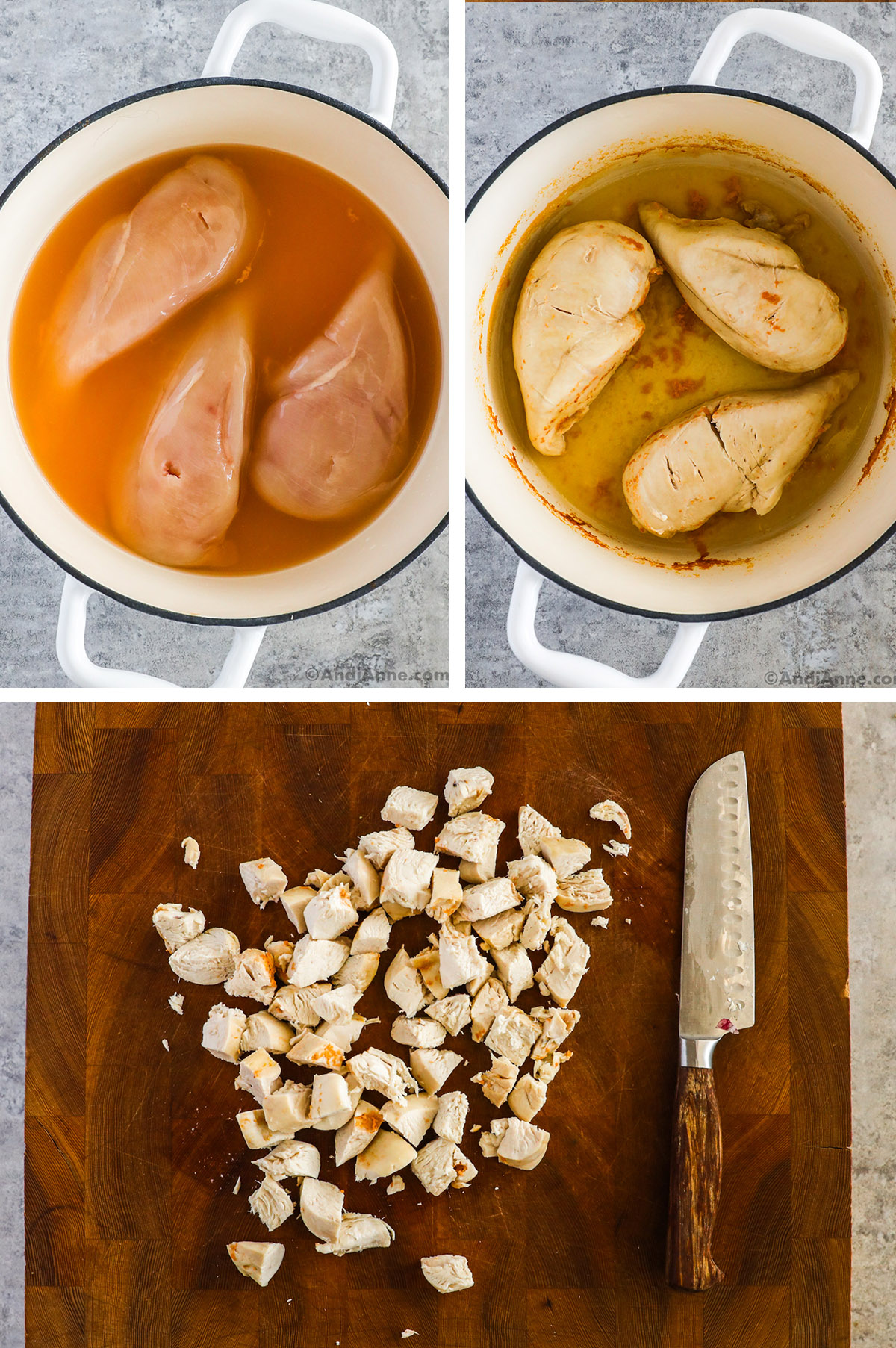 Three images, first a pot with chicken broth and 3 chicken breasts. Second is cooked chicken breast in pot. Third is chopped chicken on cutting board with a knife.