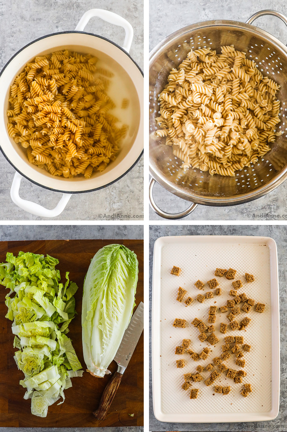 Four images, a pot of rotini pasta, a strainer with cooked pasta, a cutting board with chopped lettuce and romaine lettuce heart, and a baking sheet with croutons.