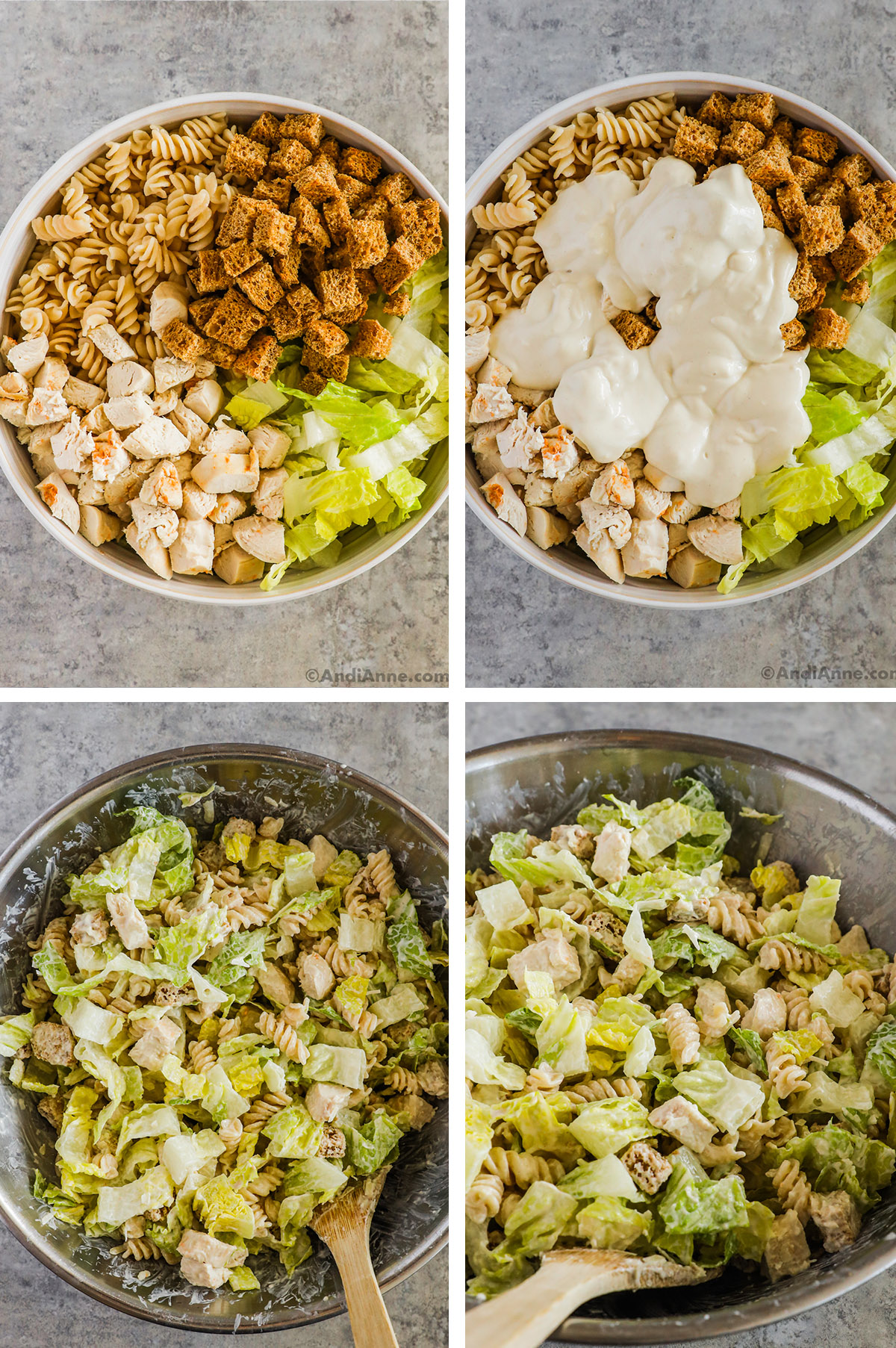 Four images, first is chopped chicken, rotini pasta, croutons and sliced lettuce in bowl. Second has creamy dressing poured over top of the bowl. Third and fourth are creamy pasta chicken ingredients all tossed together in steel bowl.