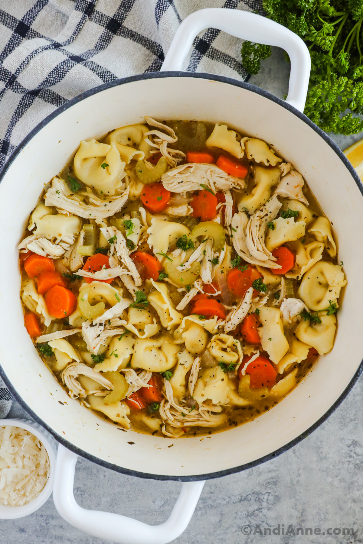 A bowl of chicken tortellini soup with celery and carrots
