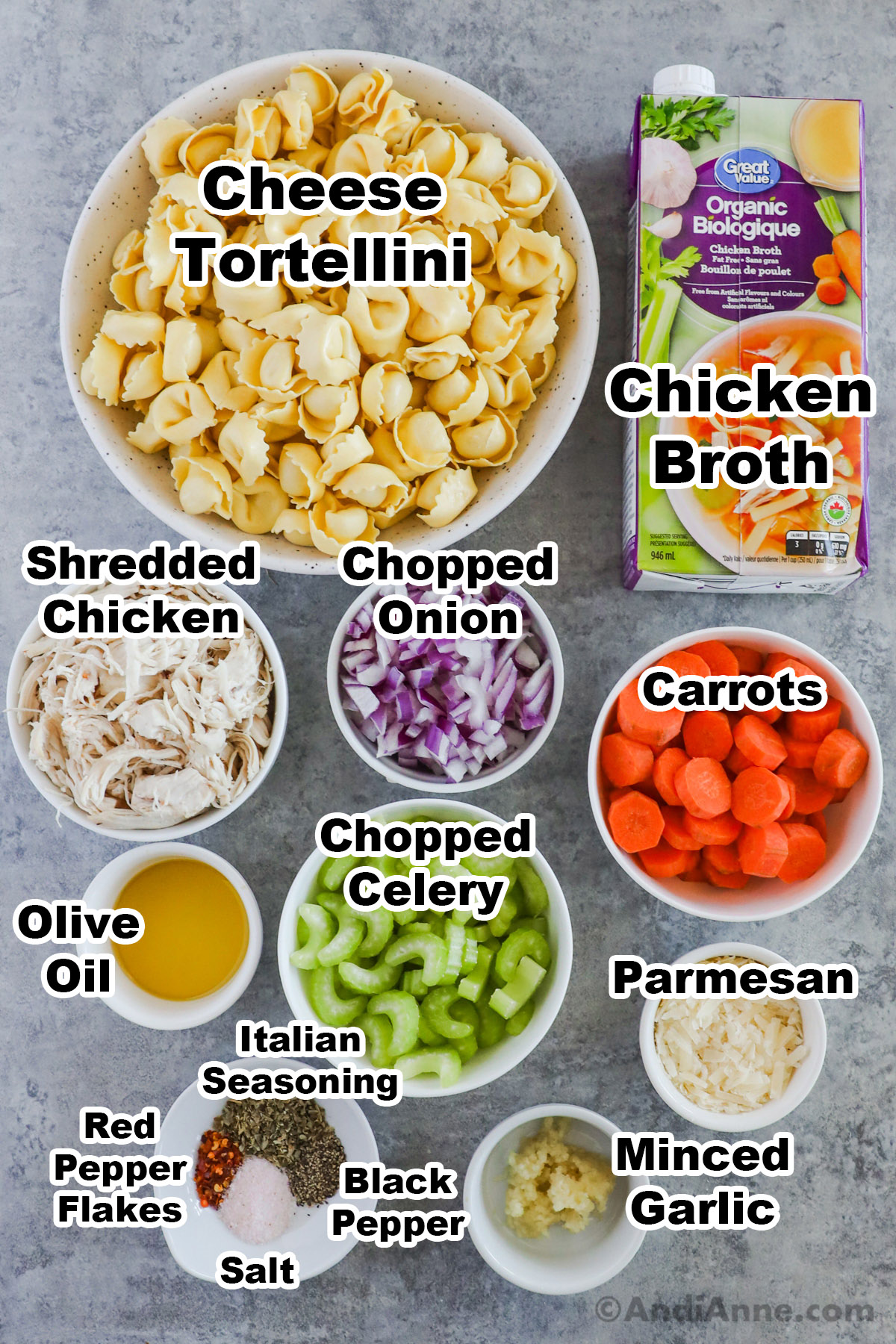 Recipe ingredients in containers including cheese tortellini, shredded chicken, chopped onion, carrots, celery, parmesan, olive oil, and broth.