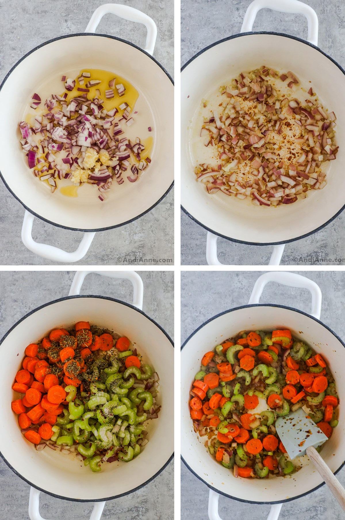 Four images grouped together of a large pot. First has raw onion and olive oil. Second has cooked onion, third has chopped carrots and celery with spices dumped in. Fourth has cooked carrots and celery mixed with the onion and spices.