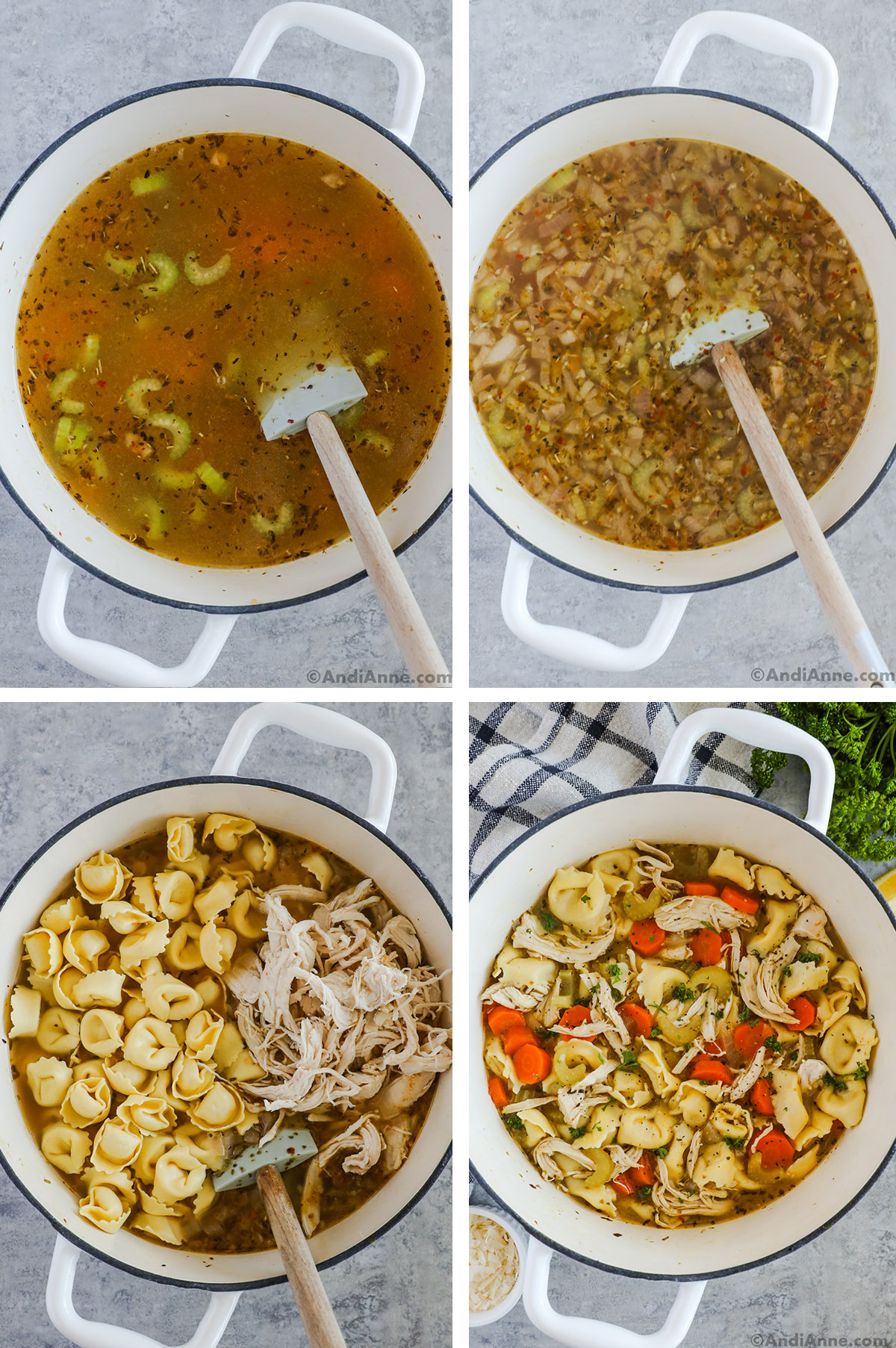 Four images grouped together. First is broth with vegetables and spices. Second is cooked chopped onion, celery and spices in broth. Third is uncooked rotini pasta and shredded chicken. Fourth is cooked chicken tortilla soup