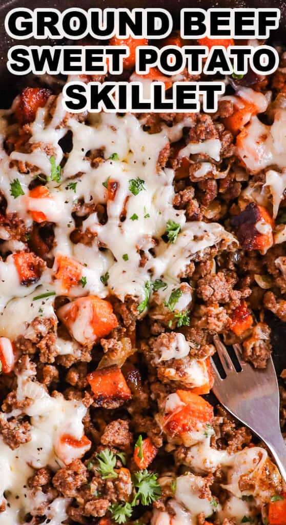 Close up of ground beef sweet potato skillet recipe