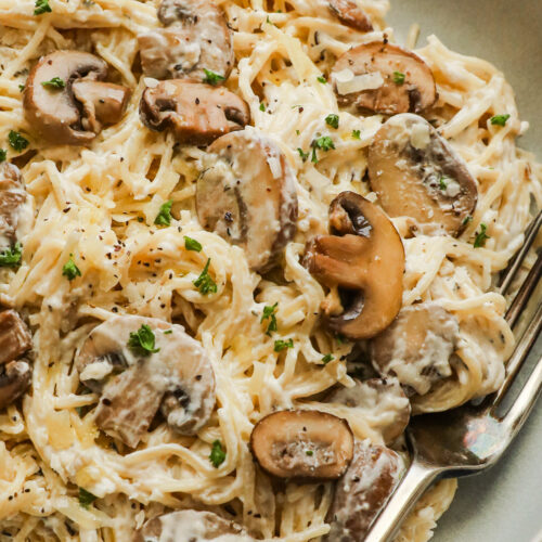 A plate of creamy parmesan mushroom pasta