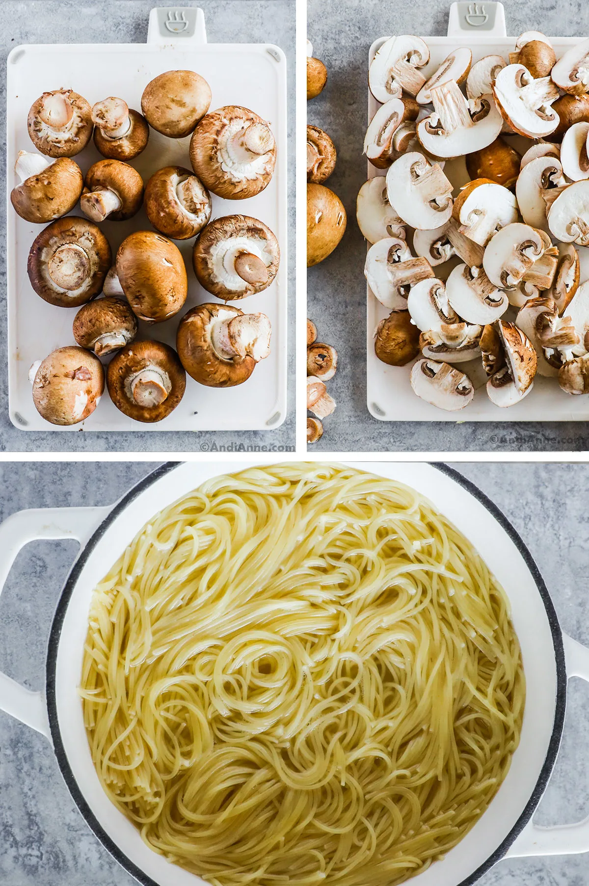 Fresh cremini mushrooms on a cutting board, then same mushrooms sliced, and a pot of cooked spaghetti noodles