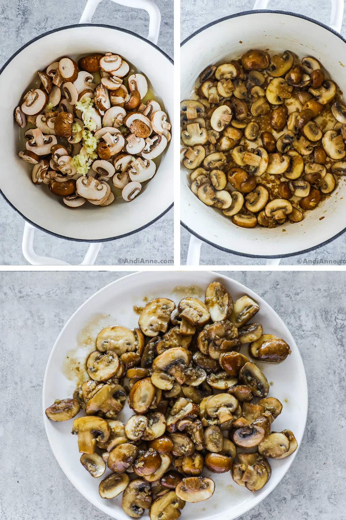 A pot of mushrooms and garlic uncooked, then sauteed. And a plate of cooked mushrooms.