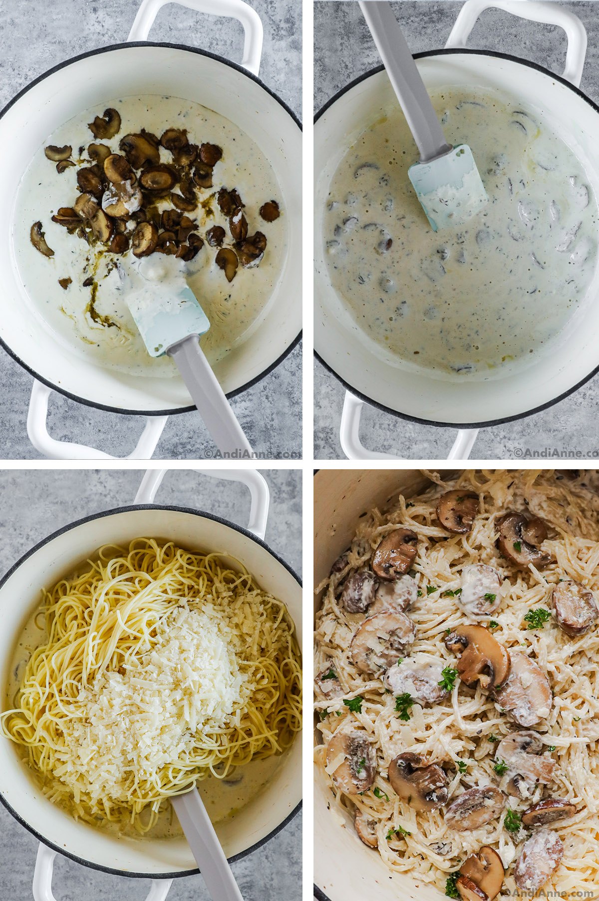 A pot of creamy sauce with mushrooms dumped on top, then mushrooms mixed with sauce, a pot with spaghetti noodles and parmesan cheese dumped over creamy sauce, and close up of creamy mushroom pasta all mixed together.