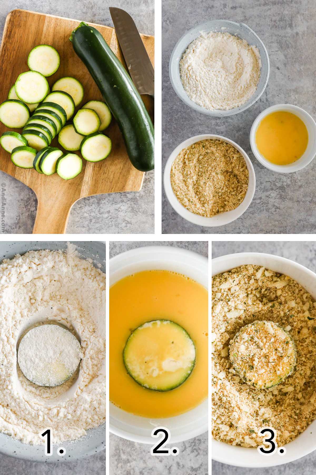 Five overhead images in one: 1. Zucchini slices, one whole zucchini and a knife sitting on a wooden cutting board. 2. Egg mixture, flavored bread crumbs and flour mixture all sit in individual white bowls. 3. Zucchini slice in flower bowl. 4. Zucchini slice in egg bowl. 5. Zucchini slice in bread crumb bowl. 