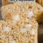 A close up of rick and chewy rice krispie treats with only 4 ingredients.