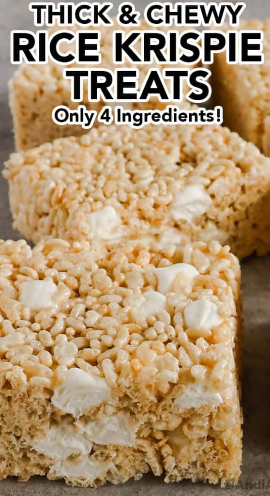 A close up of rick and chewy rice krispie treats with only 4 ingredients.