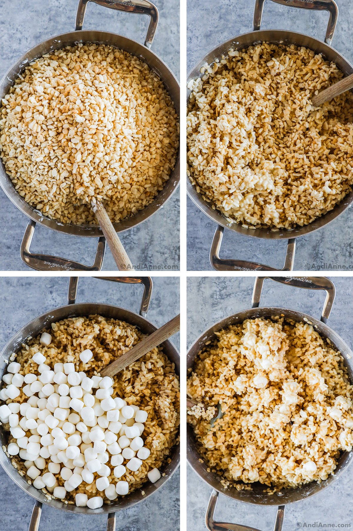 Four images: A pot with rice krispies, a pot with melted marshmallow and rice krispies mixed together, mini marshmallows dumped on top of rice krispies, and last image is rice krispies covered in melted marshmallows with a few mini marshmallows mixed in.