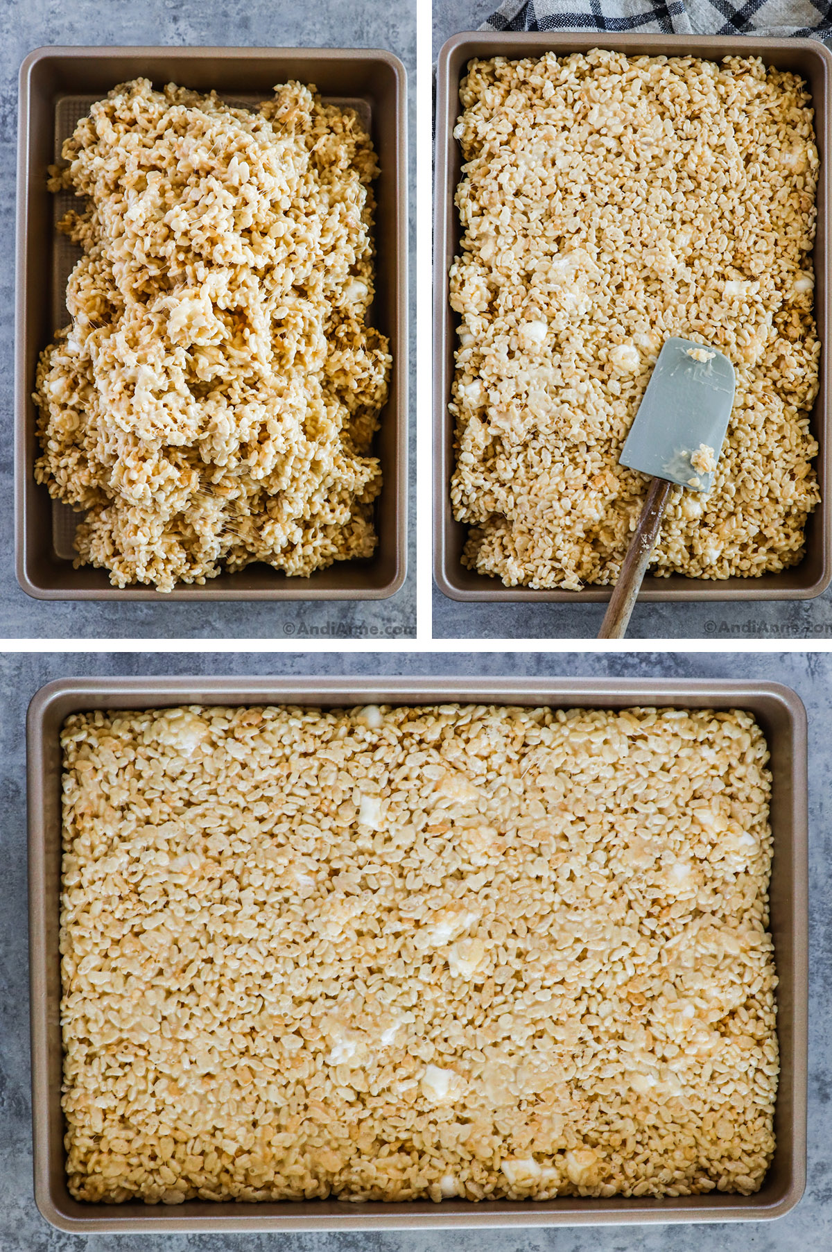 Three images of a 9x11 baking dish. First with melted rice krispies marshmallow mixture dumped in. Second with rice krispies mixture pressed into baking dish. Third is pressed rice krispies mixture in baking dish.