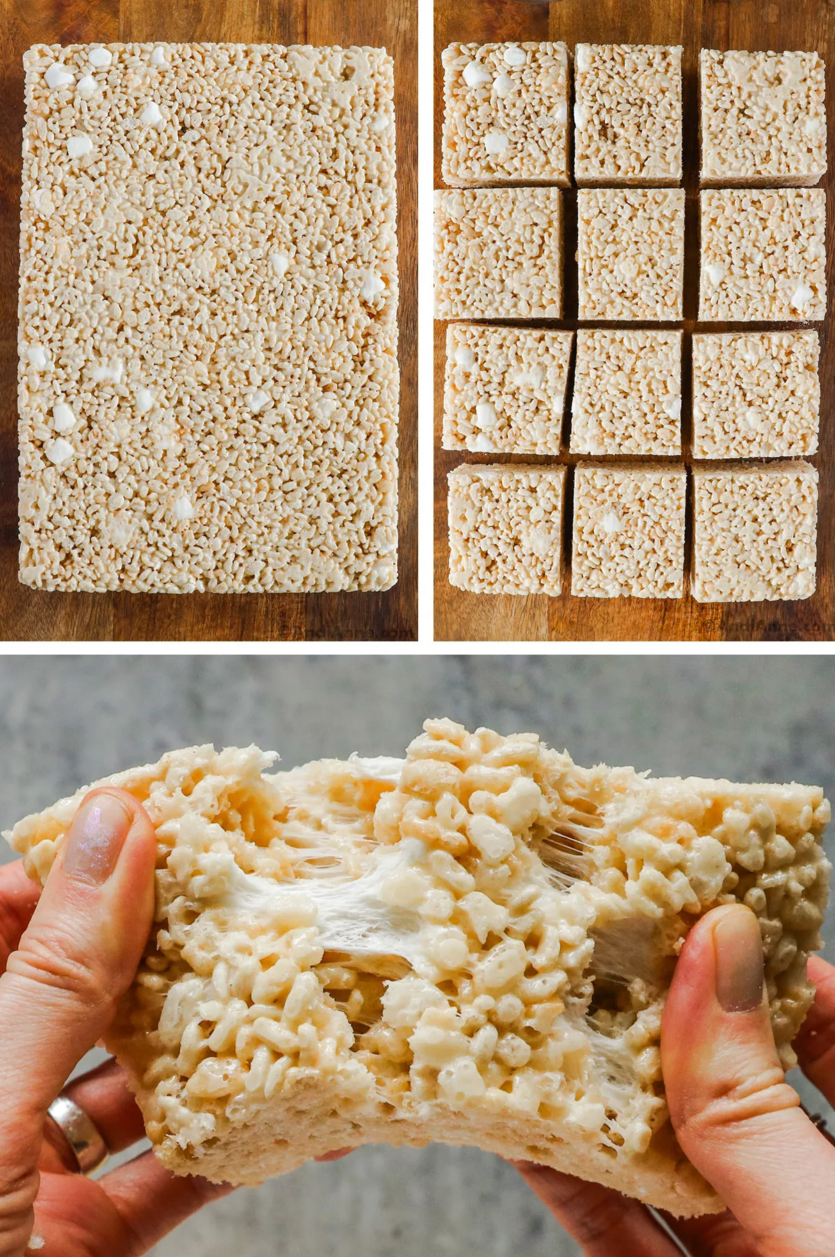 Three images: first is a block of rice krispies treats uncut and on cutting block, second is rice krispies cut into 12 squares, third is a hand pulling a rice krispies treat apart and you can see the marshmallow stretching in between.