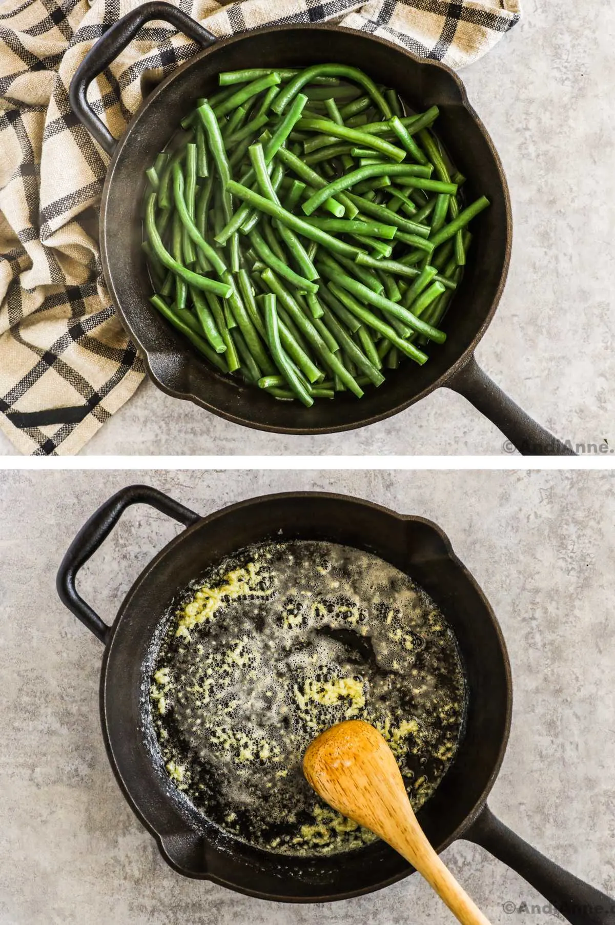 Two overhead images in one: 1. Blanched green beans in a cast iron skillet on top of a black and white tablecloth. 2. Melted butter and minced garlic in the same cast iron pan. 