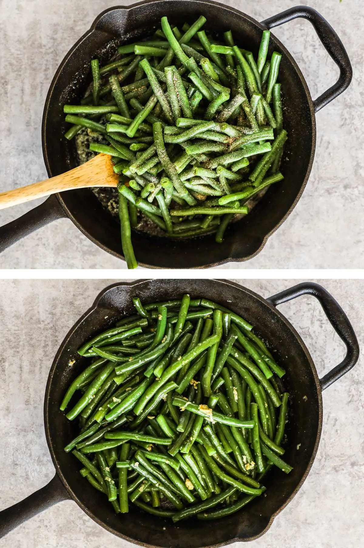 Two overhead images in one: 1. Blanched beans are added back into the pan, salt and pepper is added on top. 2. Beans have been seared and flipped. 
