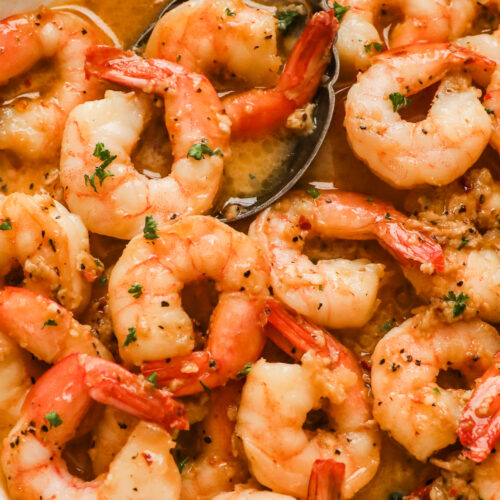 Shrimp in a bowl with garlic butter sauce