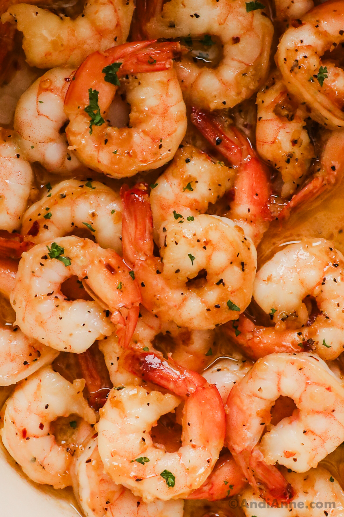 Close up of large shrimp in a garlic butter sauce.