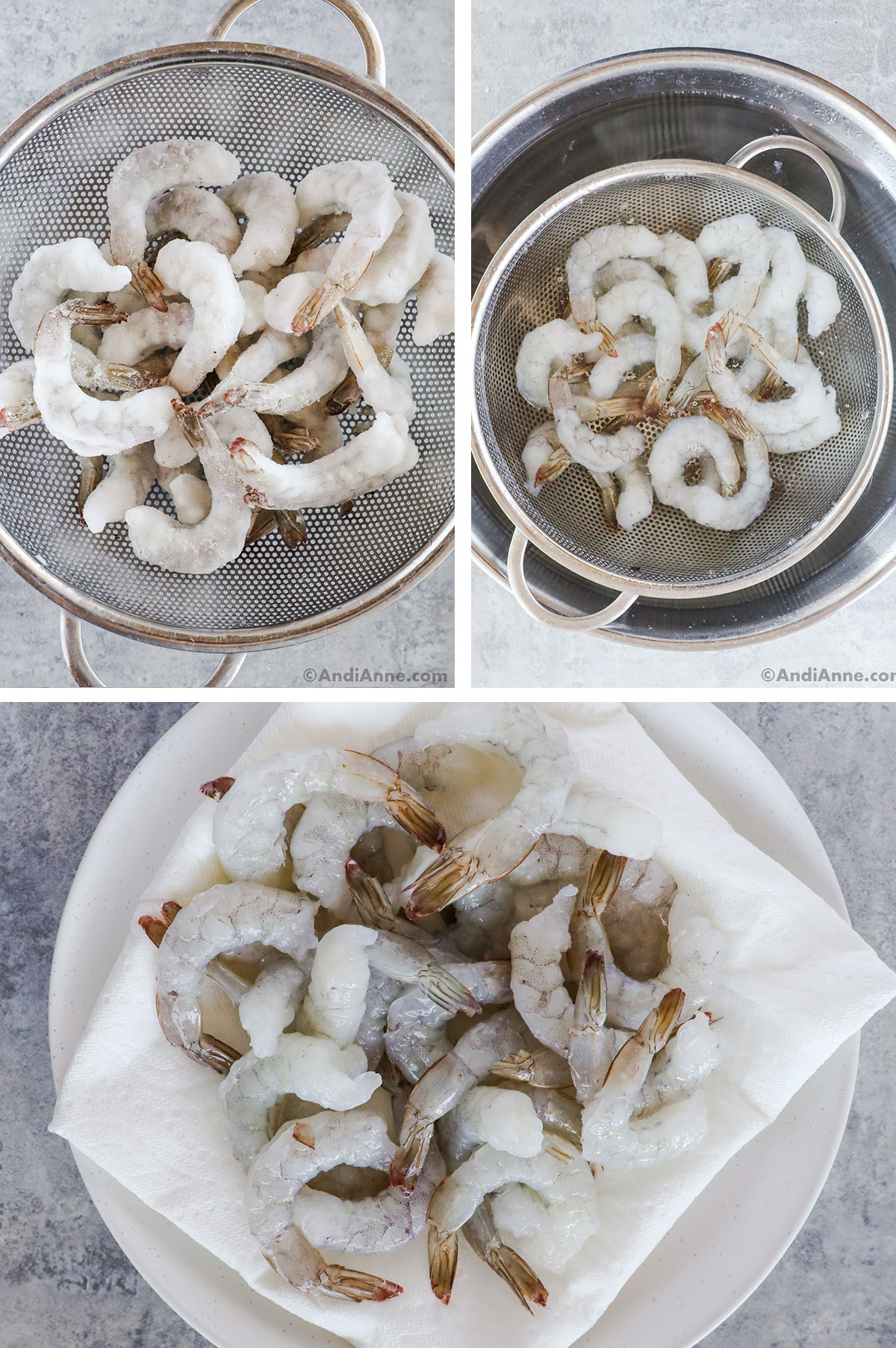 Three images of raw shrimp, first frozen, then soaking in water, then thawed over paper towel.
