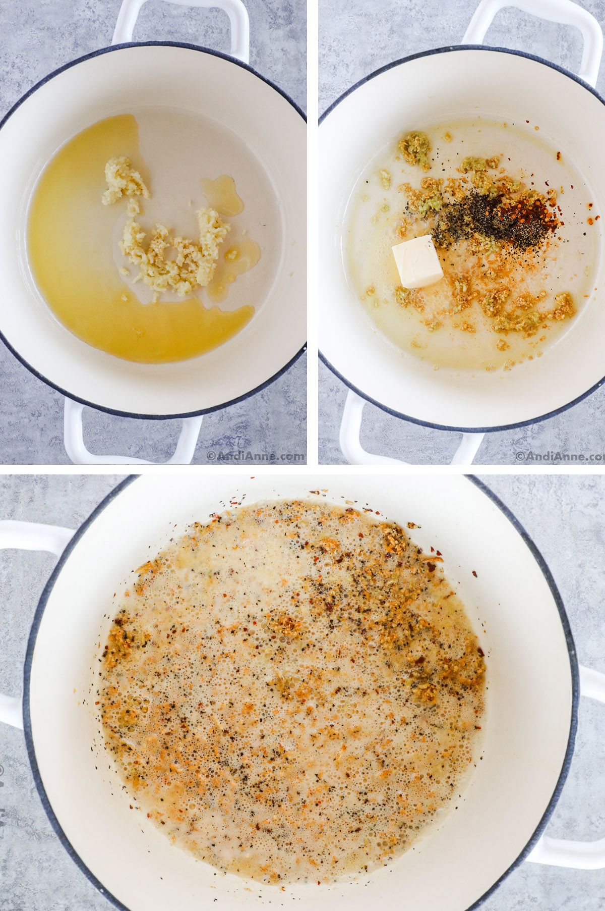 Three images of a pot. First oil and minced garlic. Second butter and spices added to minced garlic. Third is a melted butter with the spices and garlic.