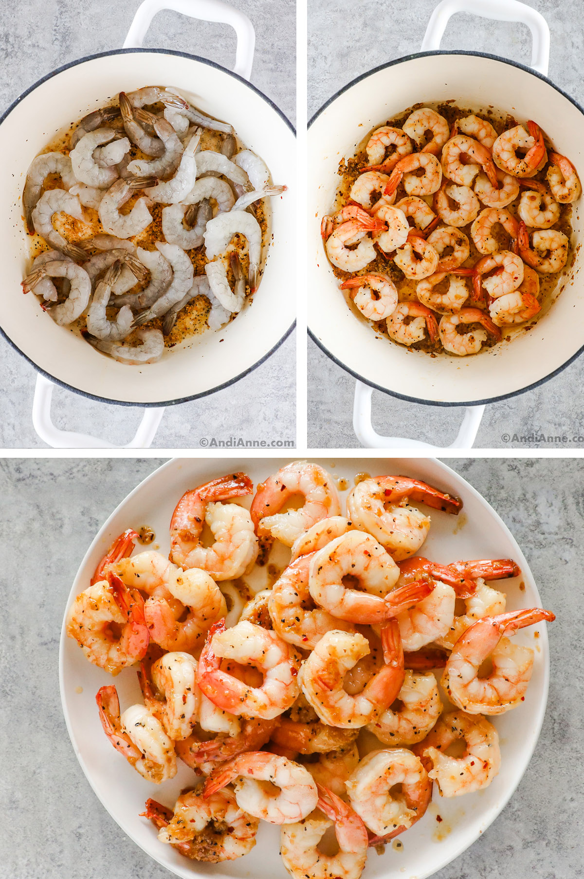 Three images, first two of a pot, first raw shrimp, second cooked shrimp. third is cooked shrimp on a plate.