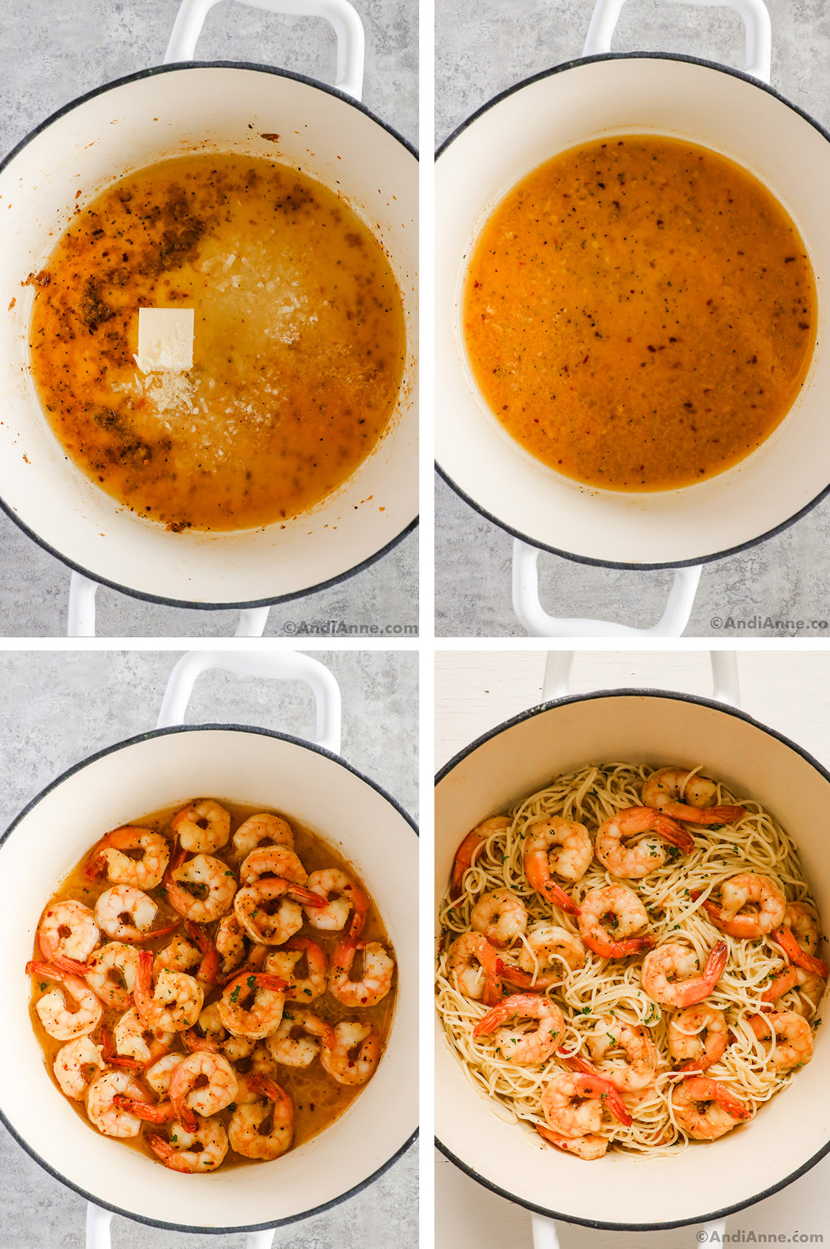 Four images of a pot. First two with a brown liquid. Third with shrimp added. Fourth with pasta mixed with the shrimp.