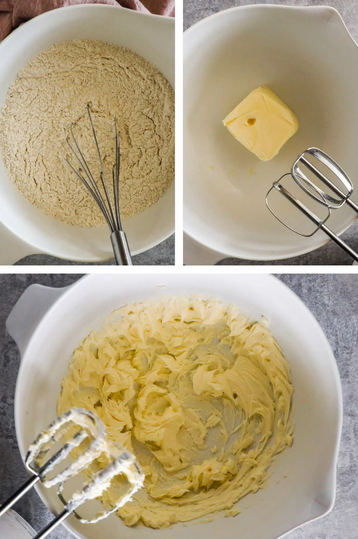 Three overhead images in one: 1. Dry ingredients mixed in a white bowl. 2. Room temp butter in a white bowl with hand mixer. 3. Butter is whipped with hand mixer. 
