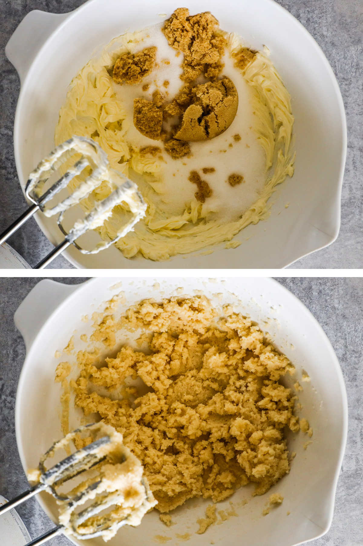 Two overhead images in one: 1. Sugar is added to butter. 2. Sugar is mixed into butter with hand mixer. 