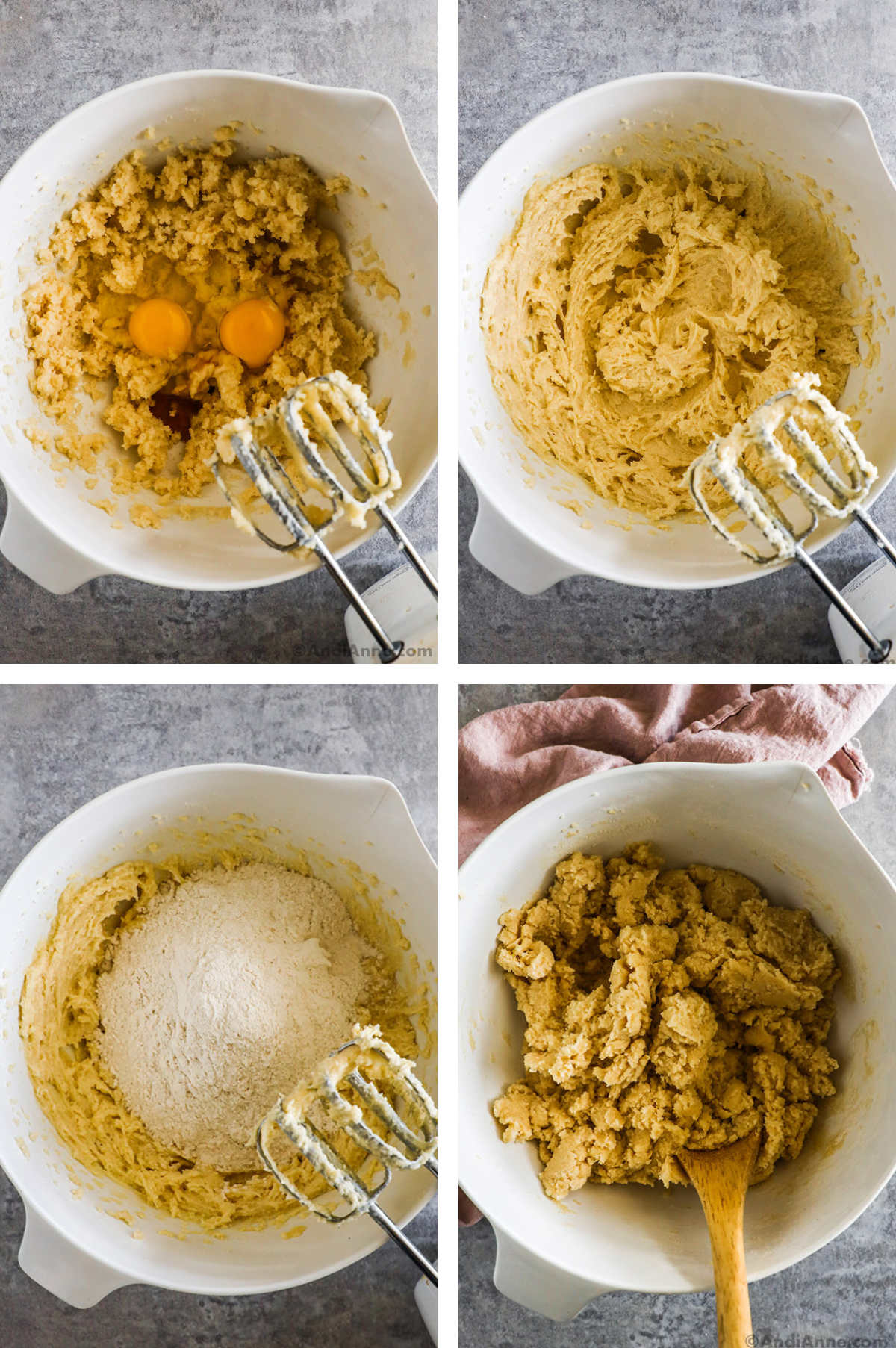 Four overhead images in one: 1. Eggs are added to batter. 2. Eggs are mixed into batter. 3. Dry ingredients are added to batter in white bowl. 4. Dry ingredients are mixed in. 