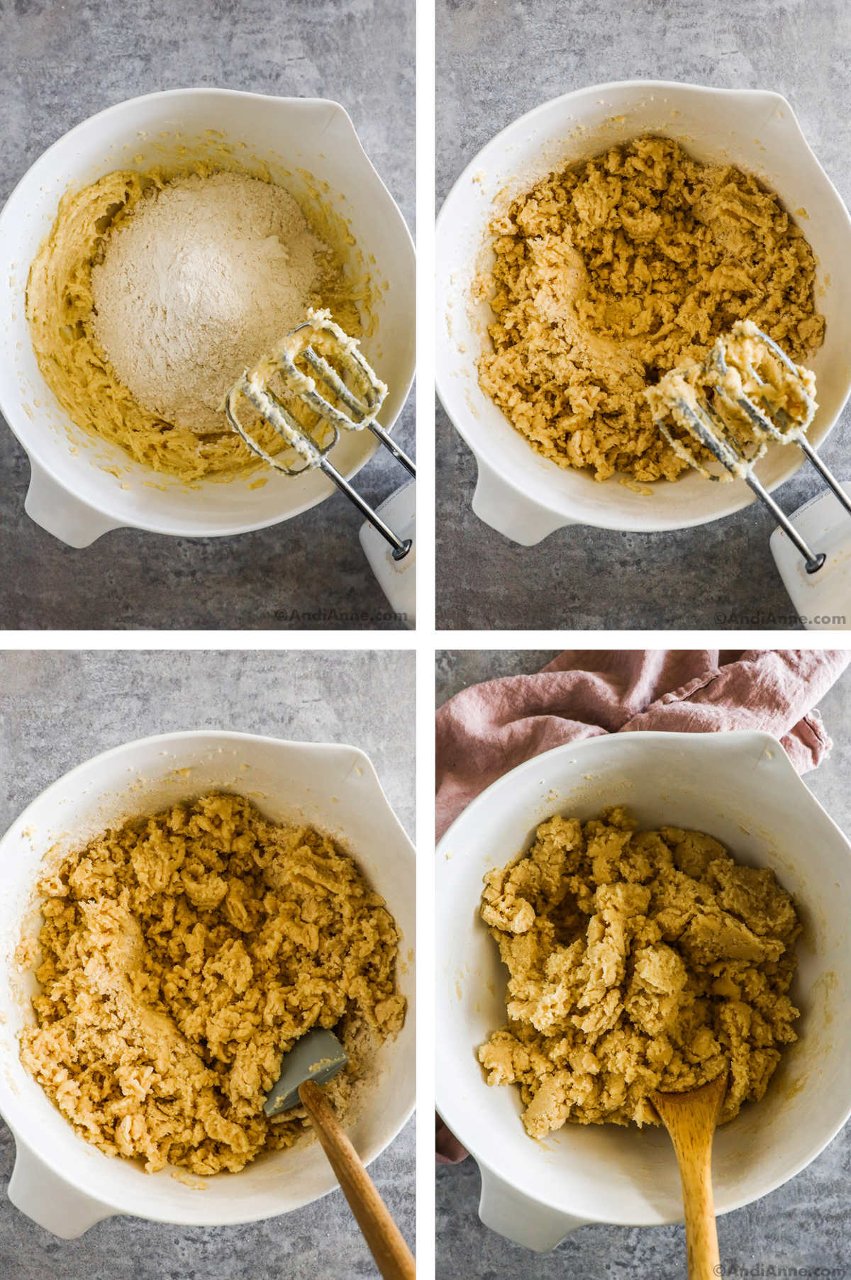 Four overhead images in one: 1. More dry ingredients added to batter in white bowl. 2. Ingredients mixed with hand mixer. 3. Dough is mixed with spatula. 4. Dough is mixed with spatula after more dry ingredients added. 