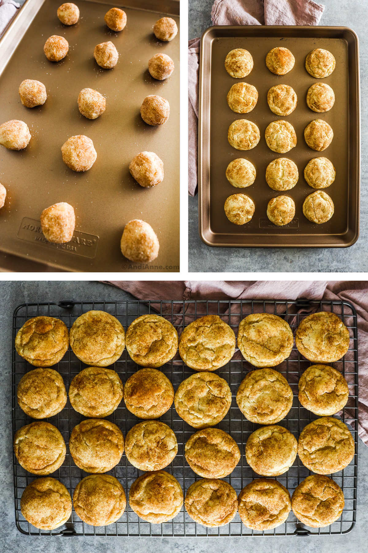 Three overhead images in one: 1. Cookie dough balls are set on baking sheet. 2. Cookies are on baking sheet cooked. 3. Cookies are on rack cooling.