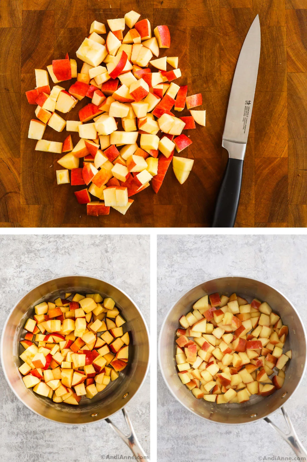 Three overhead images in one: 1. Chopped apples on a wooden cutting board with a knife to the side. 2. Chopped apples in a steel pot. 3. Sauteed chopped apples in a steel pot. 