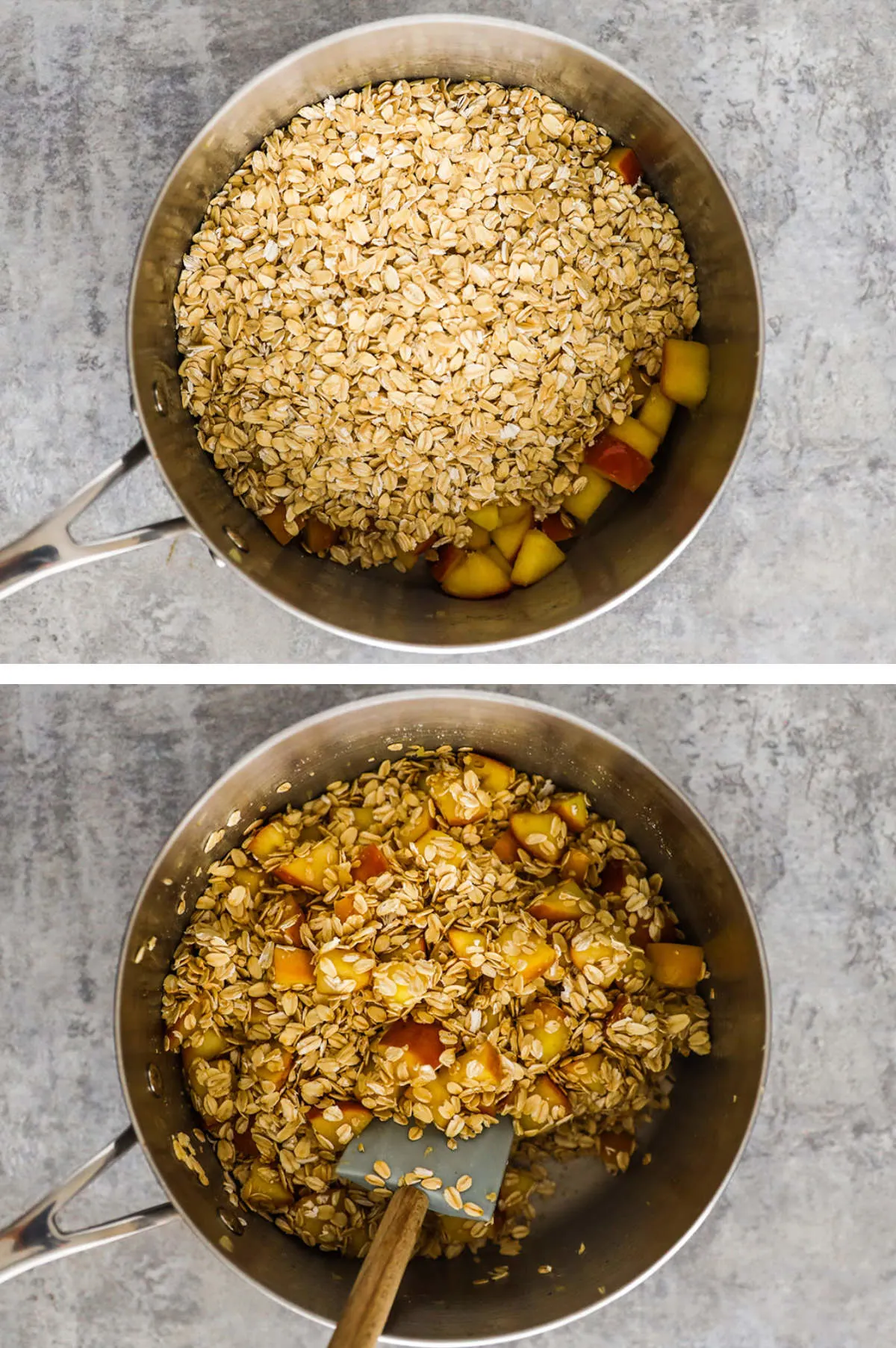 Two overhead images in one: 1. Rolled oats added to pot with sauteed apples. 2. Oats have been heated and mixed with apple chunks. 