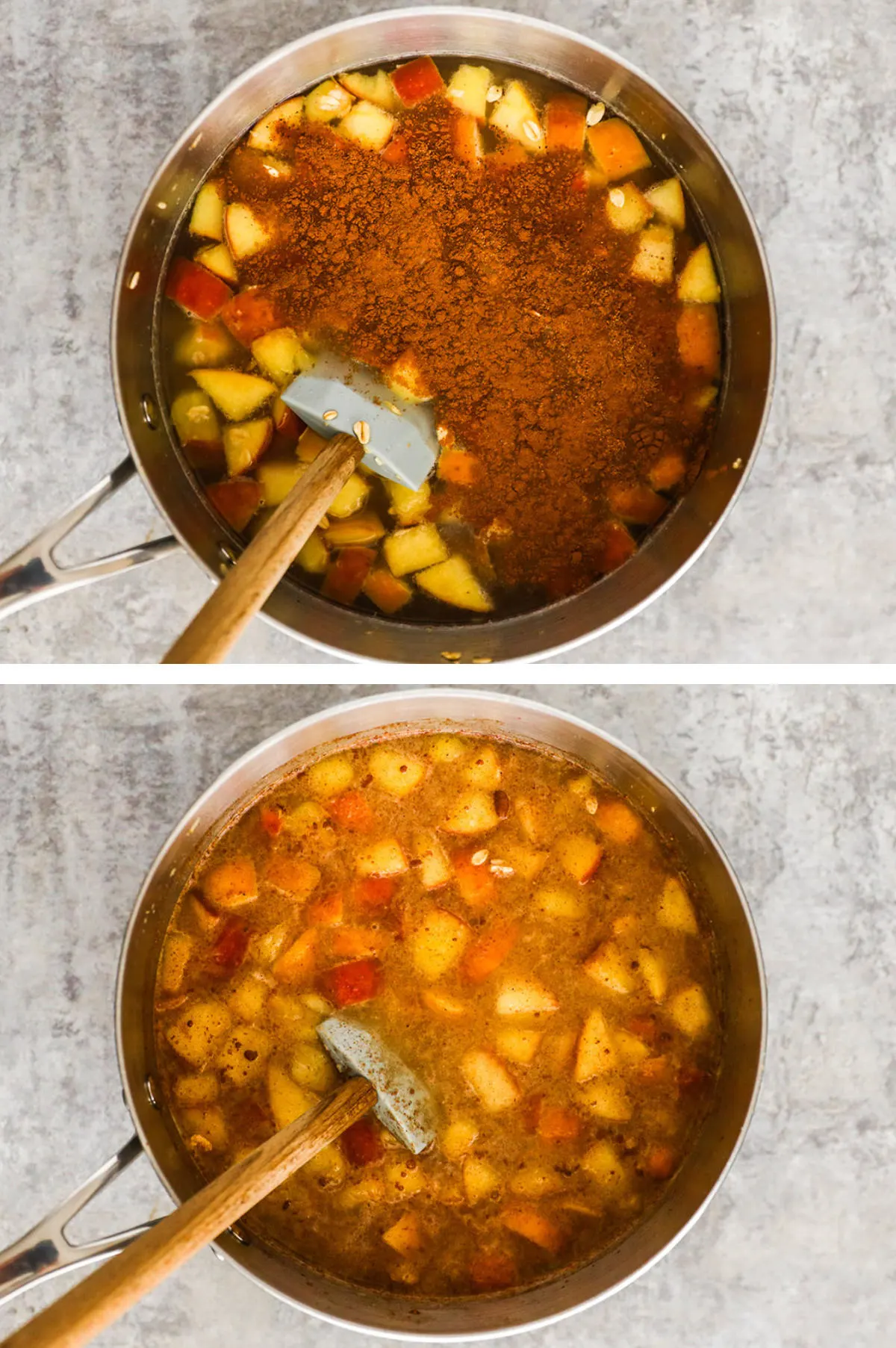 Two overhead images in one: 1. Water added to pot with cinnamon, salt and nutmeg. 2. Ingredients are mixed. 