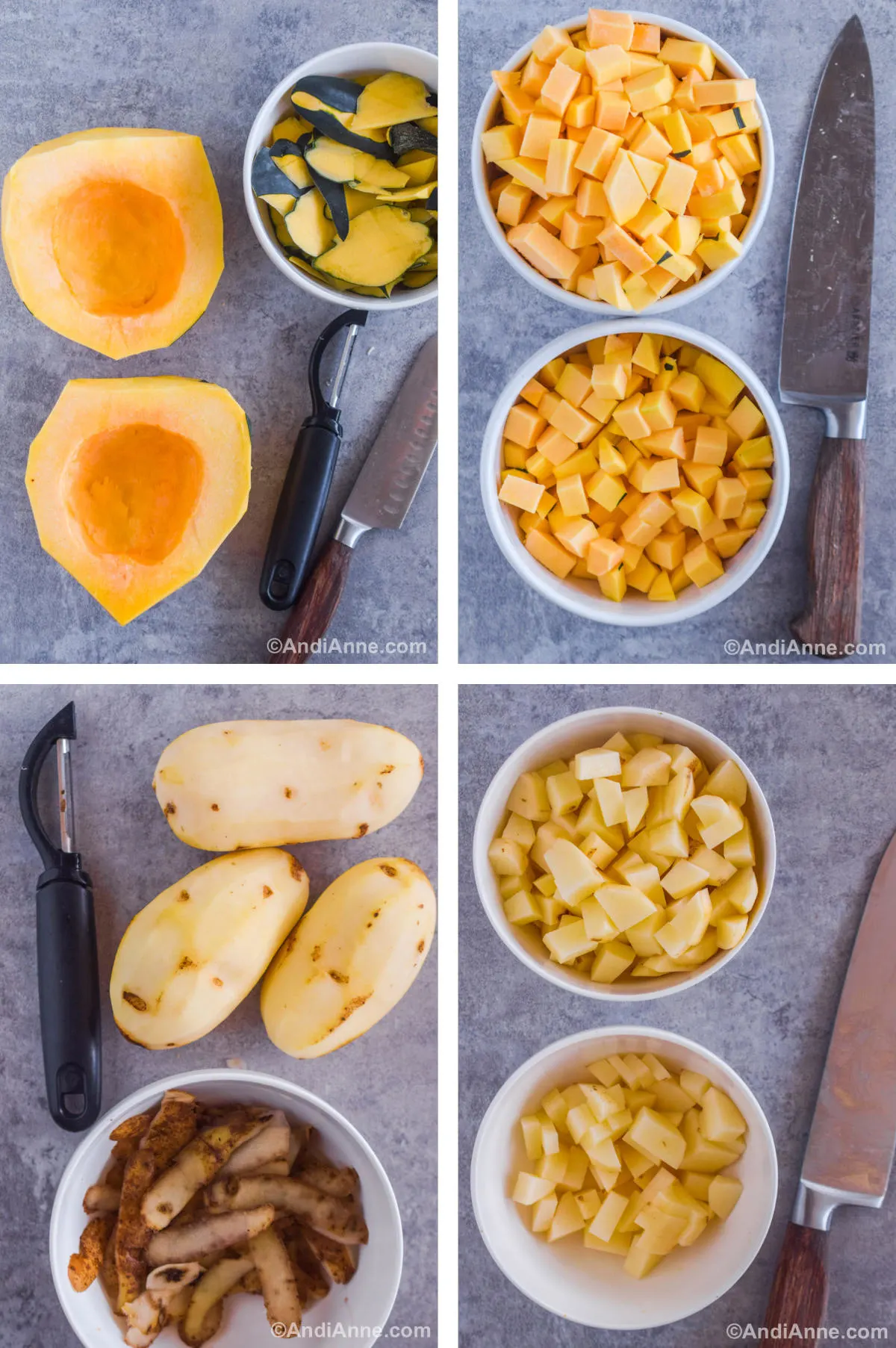 Four overhead images in one: 1. Squash peeled, halved and gutted. Peels are in a white bowl, a knife and potato peeler to the side. 2. Squash is cut into cubes and placed in two white bowls, chef knife to the side. 3. Three peeled potatoes next to a peeler and bowl with peels inside. 4. Potatoes are cut into cubes and placed in two white bowls. 