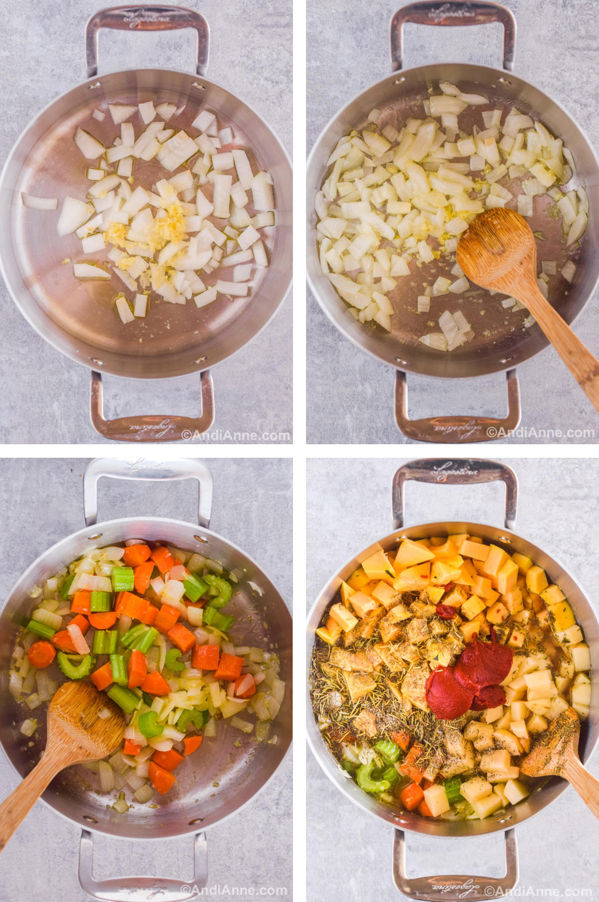 Four overhead images in one: 1. Cooking oil, garlic and onion are added to a steel pot. 2. Cooking oil, garlic and onion are heated in a steel pot.3. Carrot and celery are added. 4. Squash, potatoes, broth, tomato paste, thyme, rosemary, salt and pepper are added. 