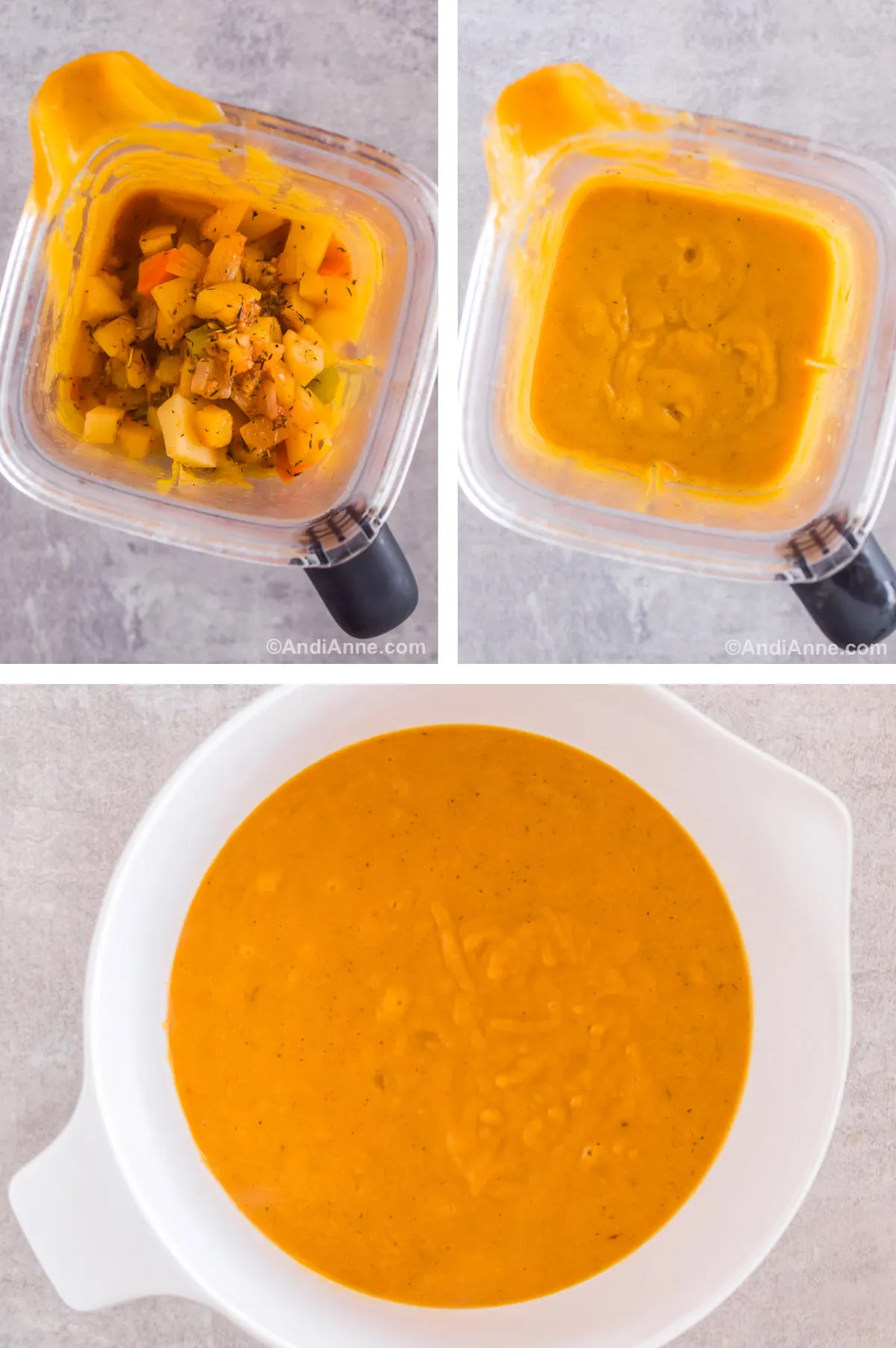 Three overhead images in one: 1. Ingredients fill half of a blender cup. 2. Ingredients are blended. 3. Blended soup is added to a large white bowl. 
