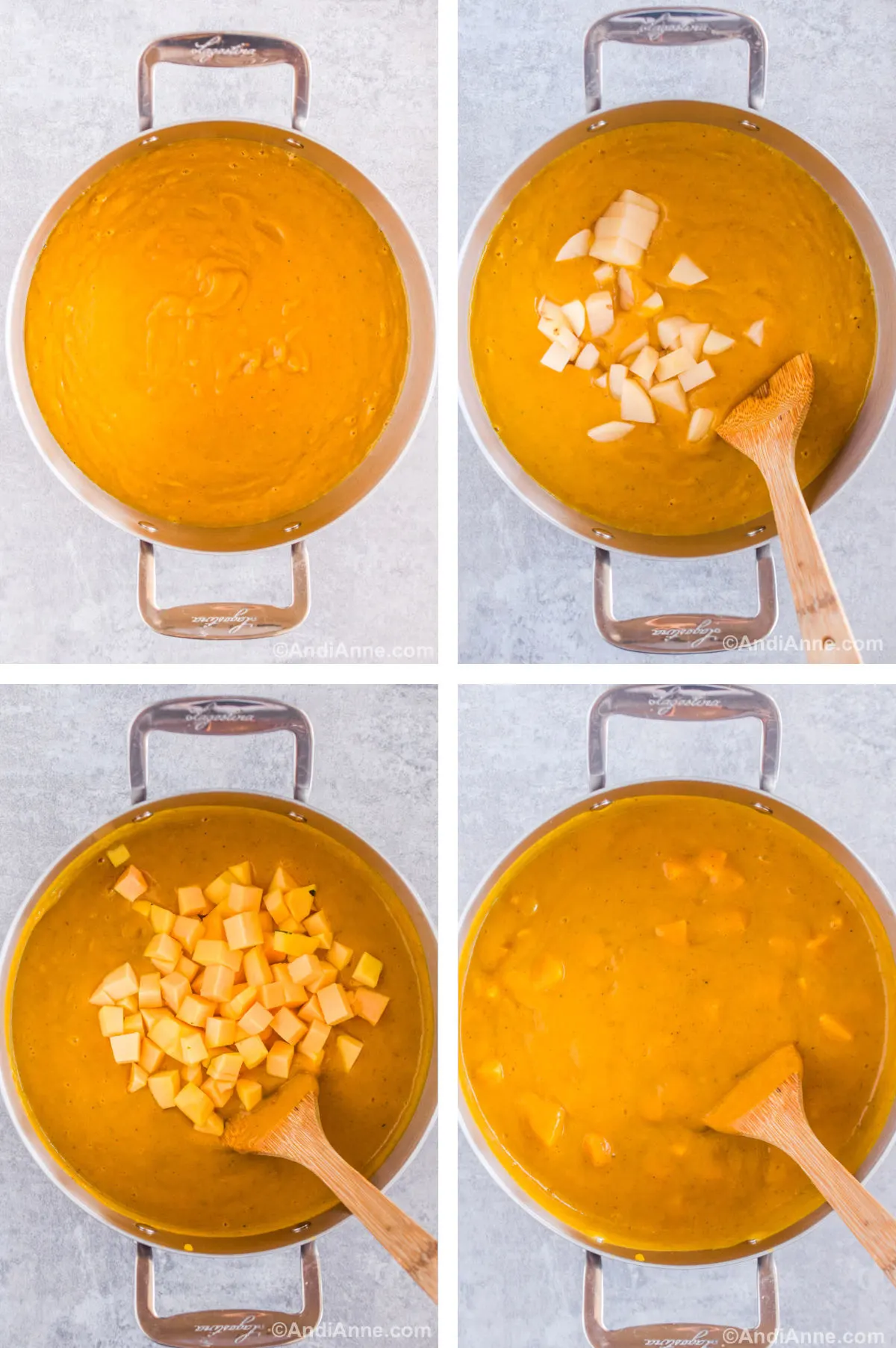 Four overhead images in one: 1. Blended soup is added back into a steel pot. 2. Potatoes are added and heated. 3. Squash is added and heated. 4. All ingredients are mixed and finished being cooked. 