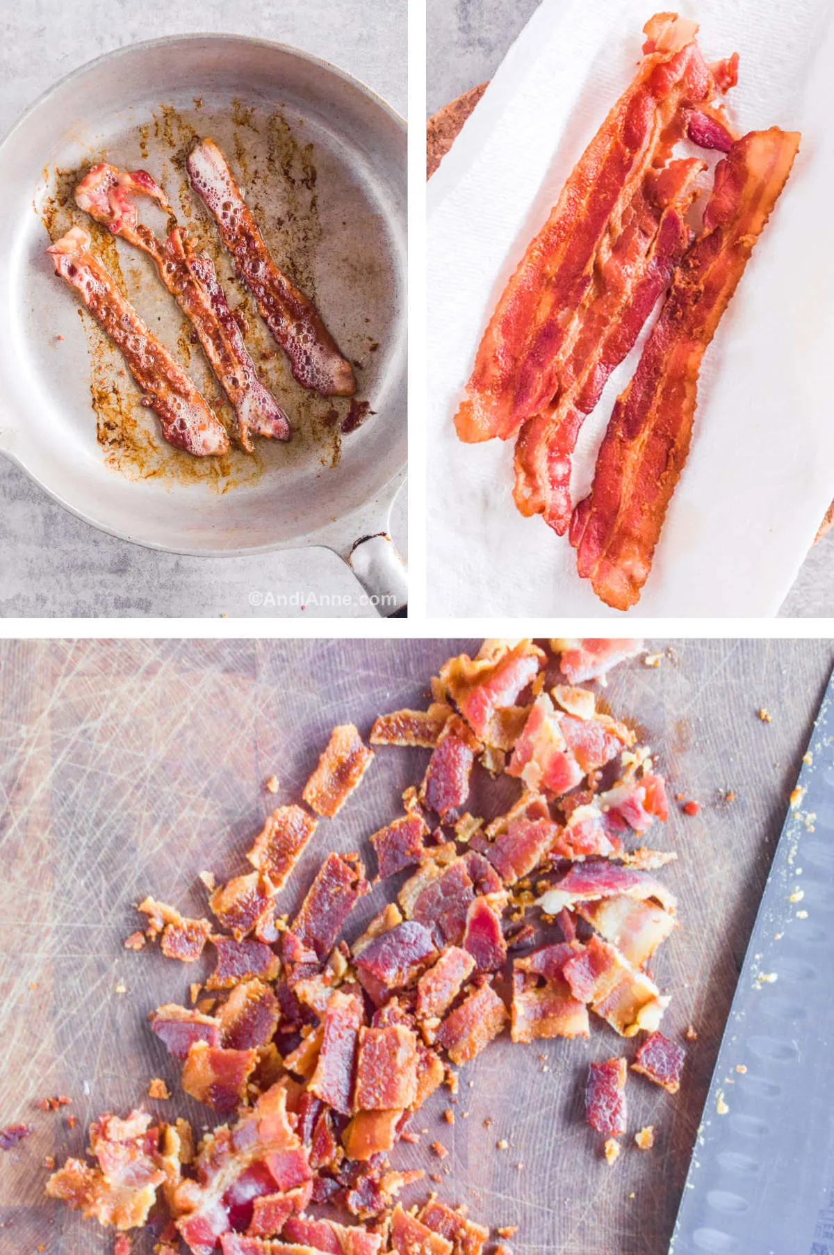Three overhead images in one: 1. Bacon frying in a pan. 2. Bacon drying on paper towel. 3. Bacon chopped into small pieces with a chef's knife. 