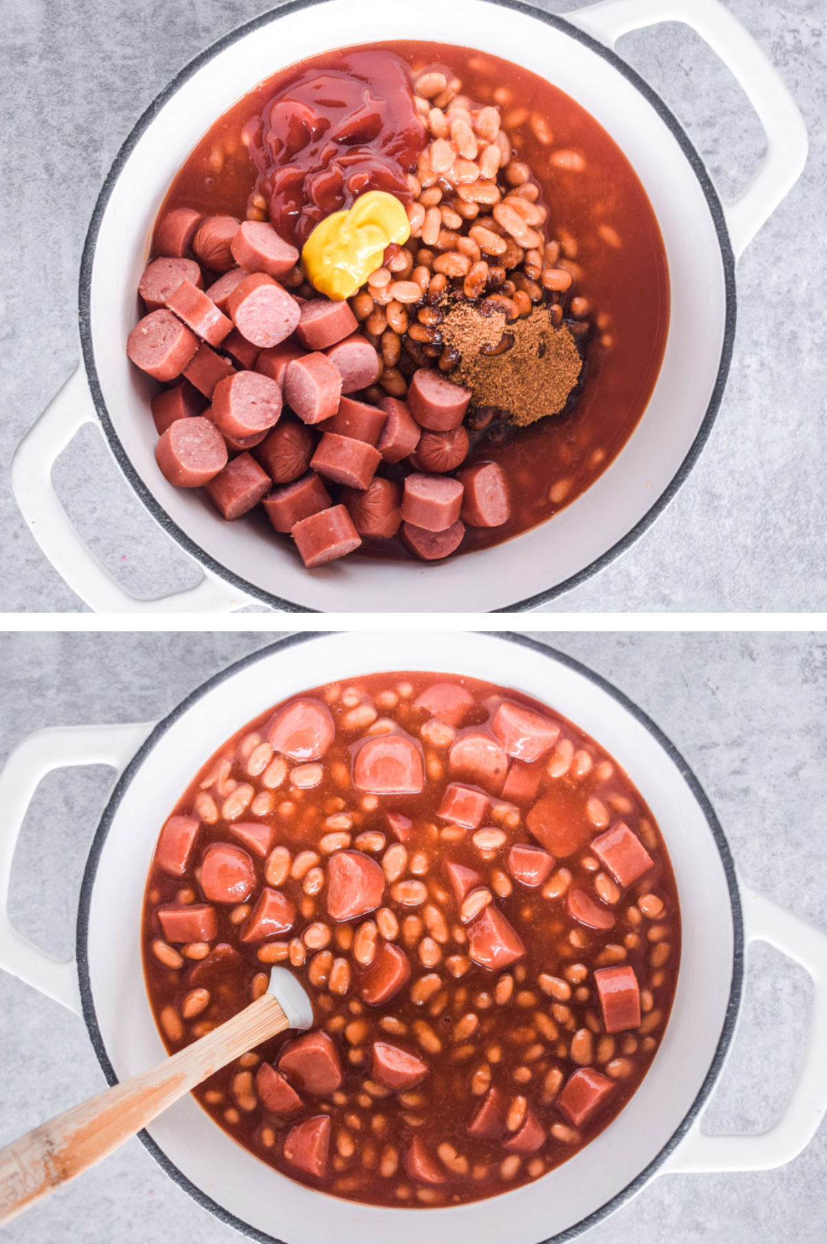 Two overhead images in one: 1. All ingredients added to a pot. 2. All ingredients mixed in a pot. 