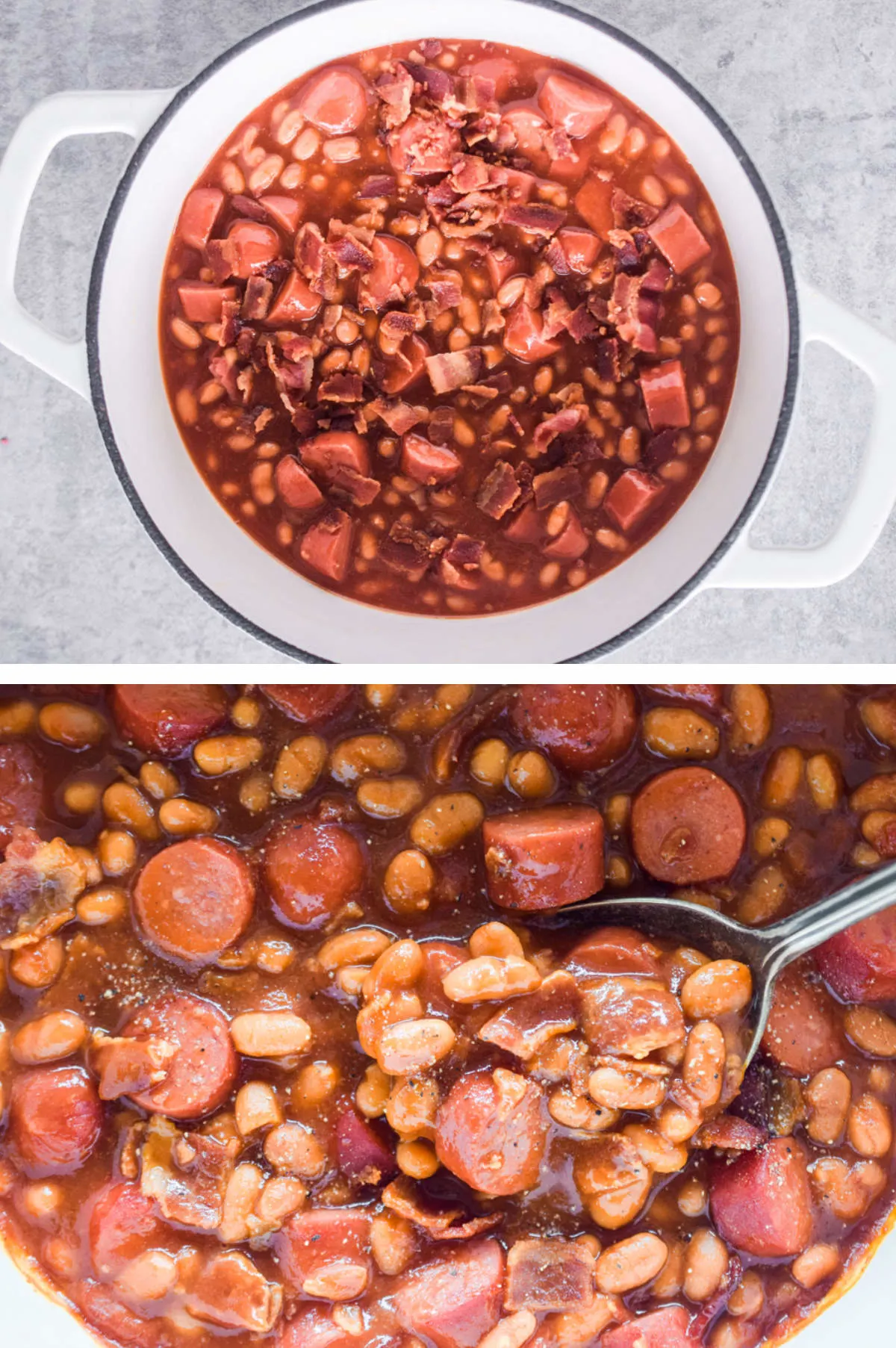 Two overhead images in one: 1. Chopped bacon is added to the pot. 2. Closeup of finished recipe, spoon scooping beans and franks recipe. 